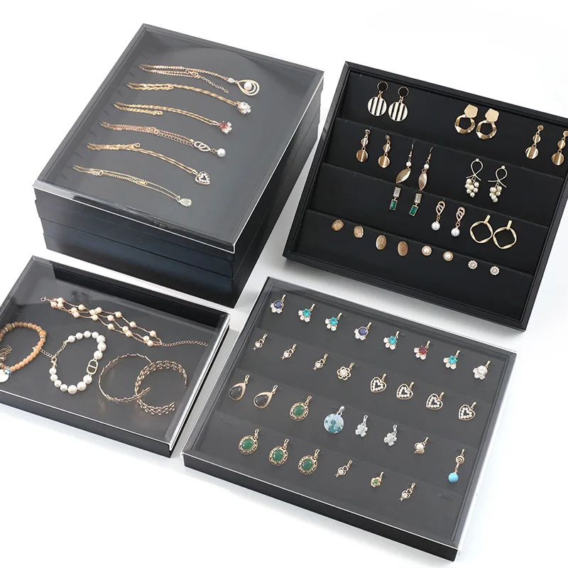 

PU Black Jewelry Display Tray for Drawer Counter Top Pendant Earrings Necklace Ring Organizer Bracelet Holder Storage Showcase