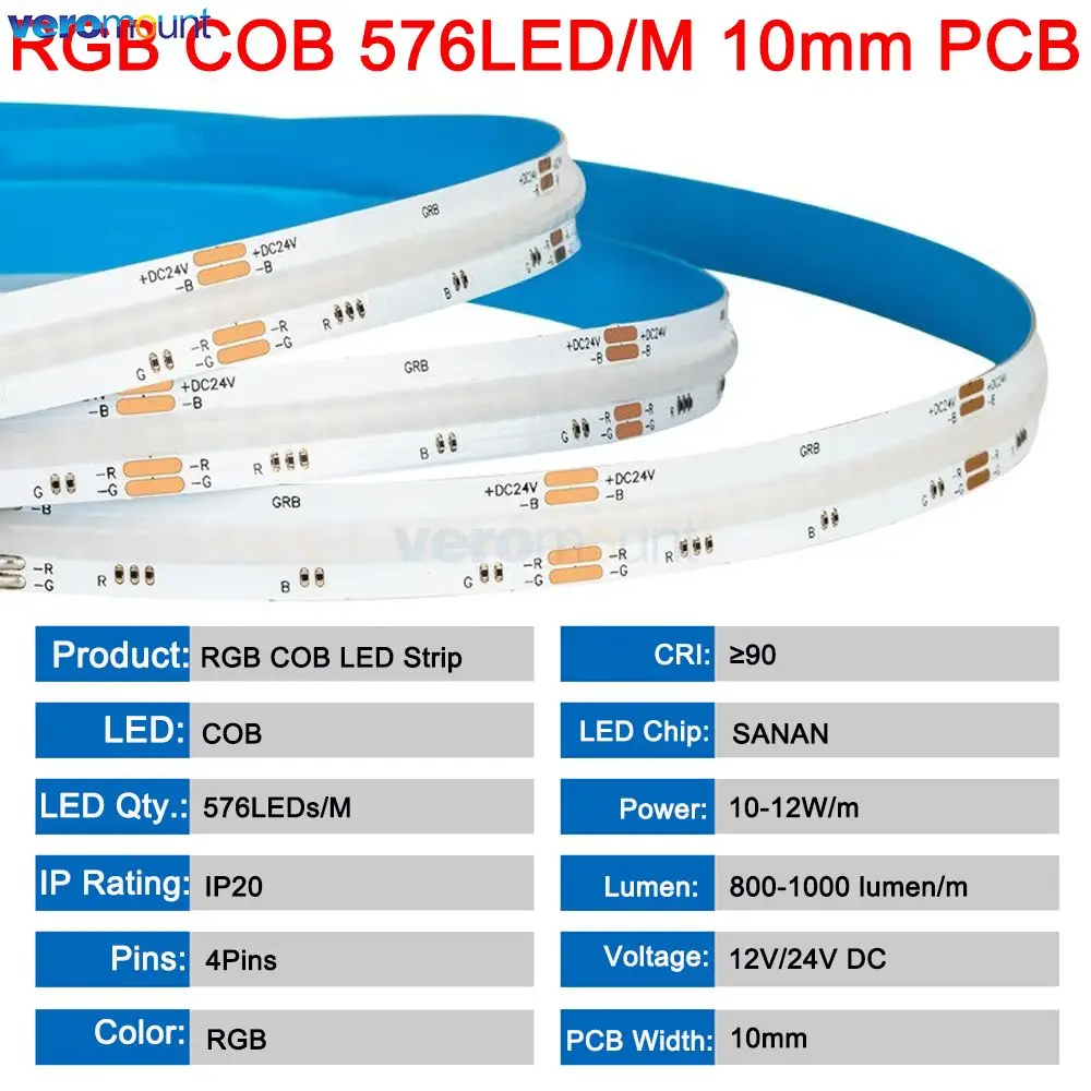 5m Flexible RGB COB LED Strip Light 12V 24V DC RA90 576 768 840 LEDs/m 4Pin 10mm PCB High Bright Colorful Linear LED Tape Bar