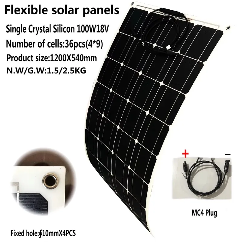 Hot Sale 100W Mono Semi Flexible Solar Panel, 12V Battery Solar Panel Charger 100w Monocrystalline Solar Panel