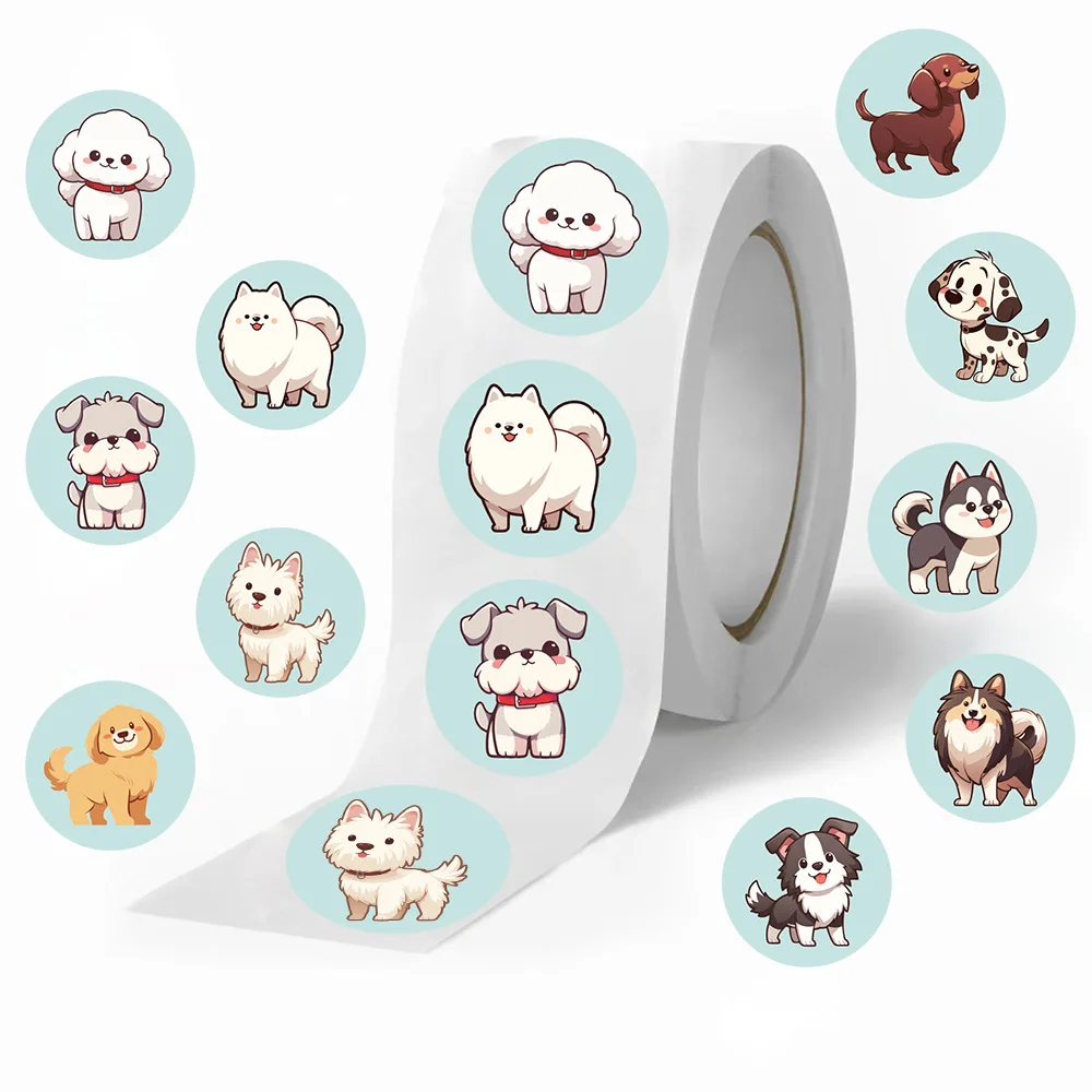 500Pcs/Roll Cute Dog Animals Roll Stickers For Water Bottles Laptop Refrigerator Luggage Phone Cartoon Funny Sticker Kid Toys