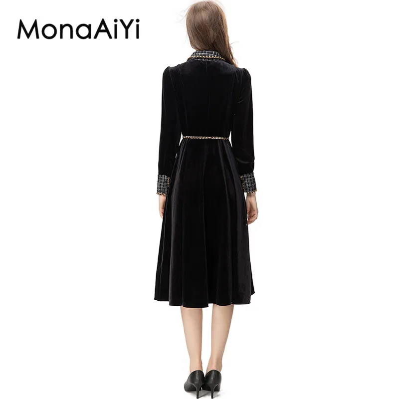 Imagem -02 - Monaaiyi-vestido Feminino Fino de Peito Único Gola Virada para Baixo Manga Comprida Cinto Removível Preto Novo Estilista