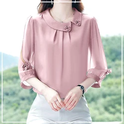 2024 New Summer Elegant and Sophisticated Round Neck Pleated Three-dimensional Flower Commuting Minimalist Oversize Shirt