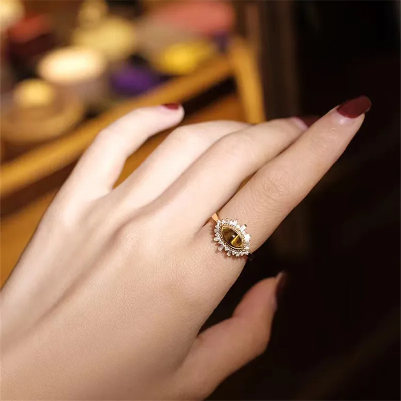 

S925 Sterling Silver Electroplated 18k European Vintage Tiger Eye Stone Ring For Women High-end Palace Banquet Jewelry