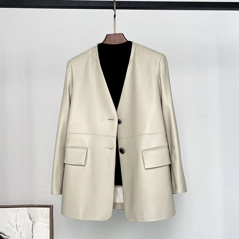 Women's The First Layer Sheepskin Suit Jacket, Collarless Suit, Lady Leather Coat, Spring and Autumn Fashion