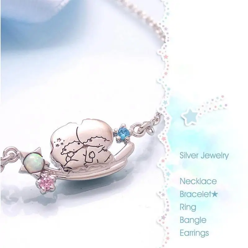 Kawaii Cute Sanrio Twin Star Silver Plated Bracelet Silver Ornament Meteor Cartoon Anime Cute Girl Birthday Gift for Children