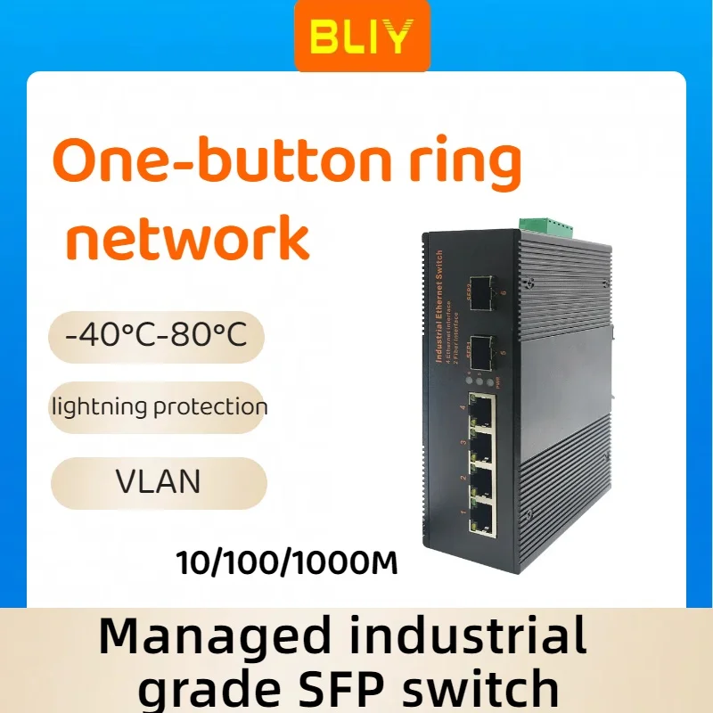 

Managed industrial grade ring network switch full Gigabit 2 optical 4 electrical SFP fiber optic switch rail DC24V