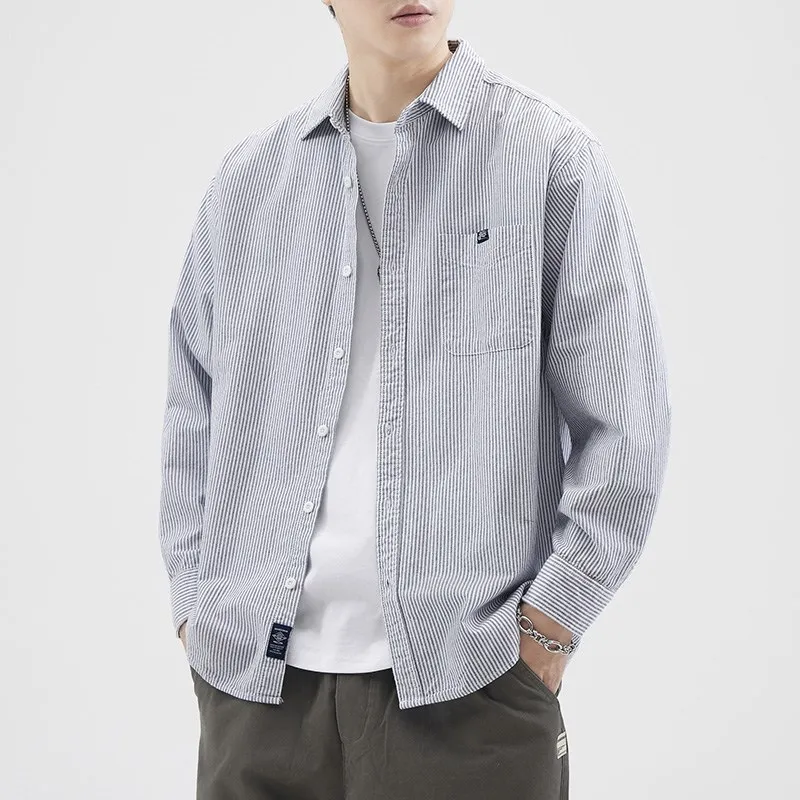 

Loose Fit Long Sleeve Striped Shirt Men's Casual Style Autumn New Trend Hong Kong Style Coat Standard Version Oxford Fabric