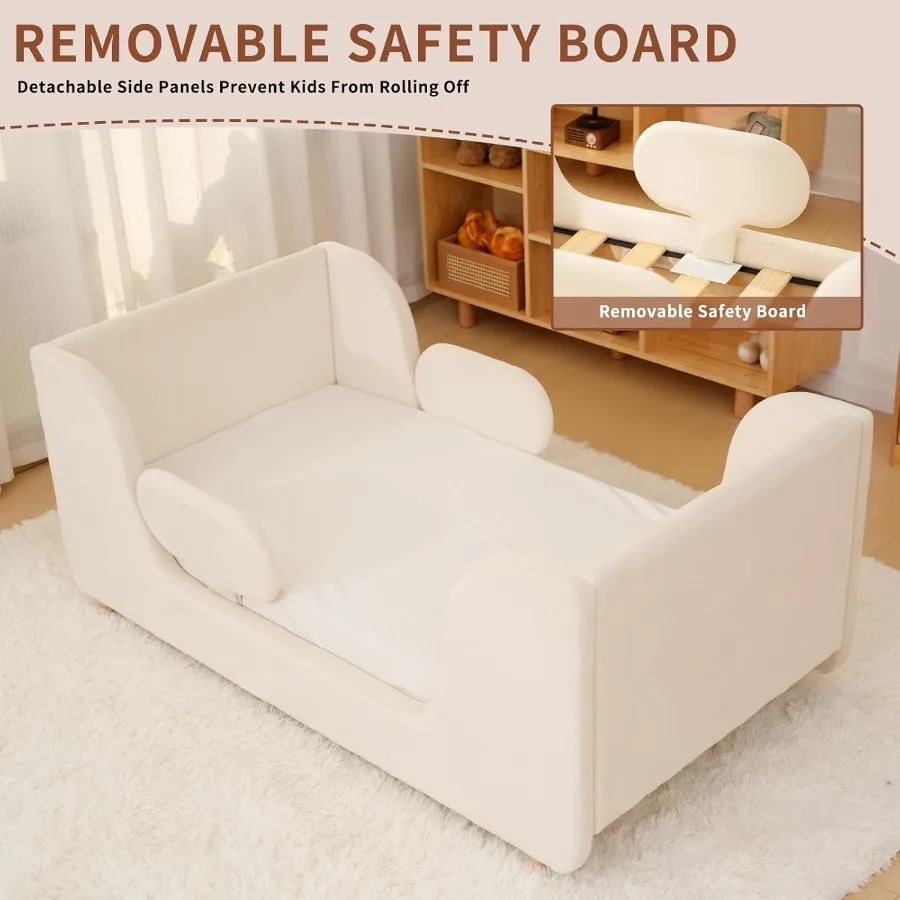 Toddler Bed - Floor Bed Frame with Removable Guard Rails for Ages 2-7 Standard Crib Size Wooden Design Natural Finish Sa