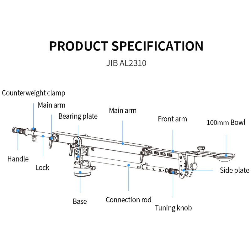 NITZE JIB-AL2310 10KG Load Professional Camera Jib Crane Arm Pan 100mm Bowl Qith Carry Bag For DSLR Video Micro Single