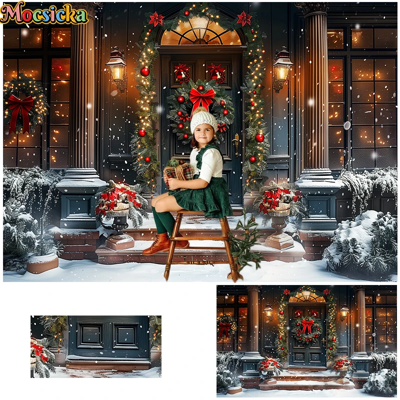 

Mocsicka Snowy Christmas House Front Backdrops Kids Baby Photography Child Adult Photocall Decors Snowflake Streets Backgrounds