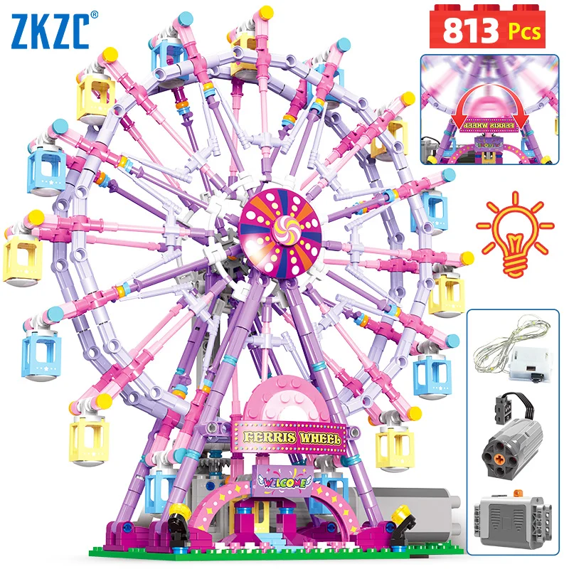 ZKZC Cherry blossom color City Friends Seven Colors LED Rotating Ferris Wheel Building Blocks Electric Bricks Toy Children Gifts