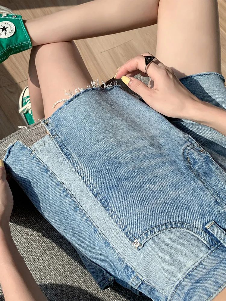

High Waist Loose Fit Color Block Denim Shorts Women's Summer Fashion A-Line Large Size Frayed Hem Trendy Jeans Pants