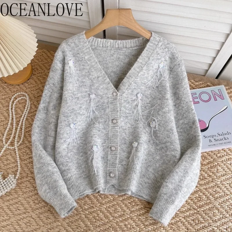 

OCEANLOVE Women Cardigans Sequins Feather Korean Fashion Autumn Winter Sweaters V Neck Sweet Vintage Loose Sueter Mujer