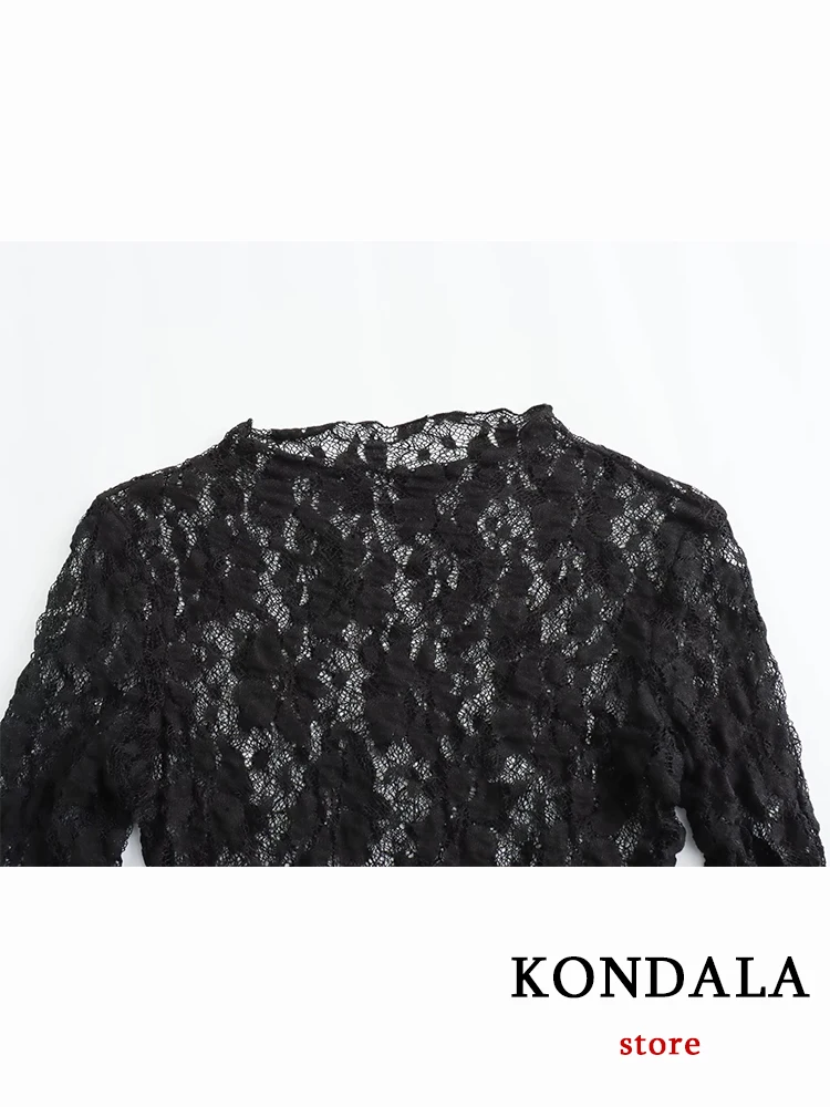 KONDALA Chic Solid Vintage Lace Black Sexy Women Suit Fashion 2023 Autumn Long Sleeve Hollow Out Jumpsuit High Waist Flare Pants