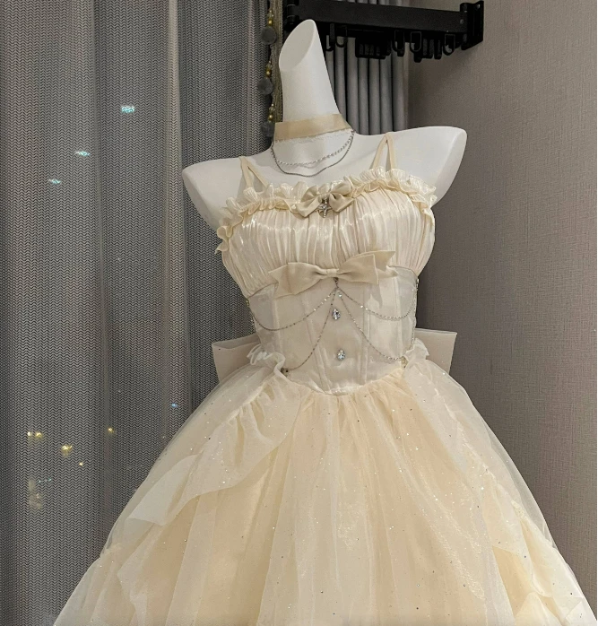 Cream Colour Dress Bride Skirt Sparkling Bow Dress Cos Lolita Princess Dress Vintage White Glitter Skirt White Skirt For Lovers