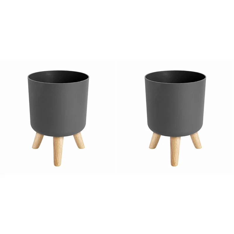 2X Modern Plant Pots With Wooden Legs Holder Bedroom Living Room Floor Standing Potted Flower Pot A