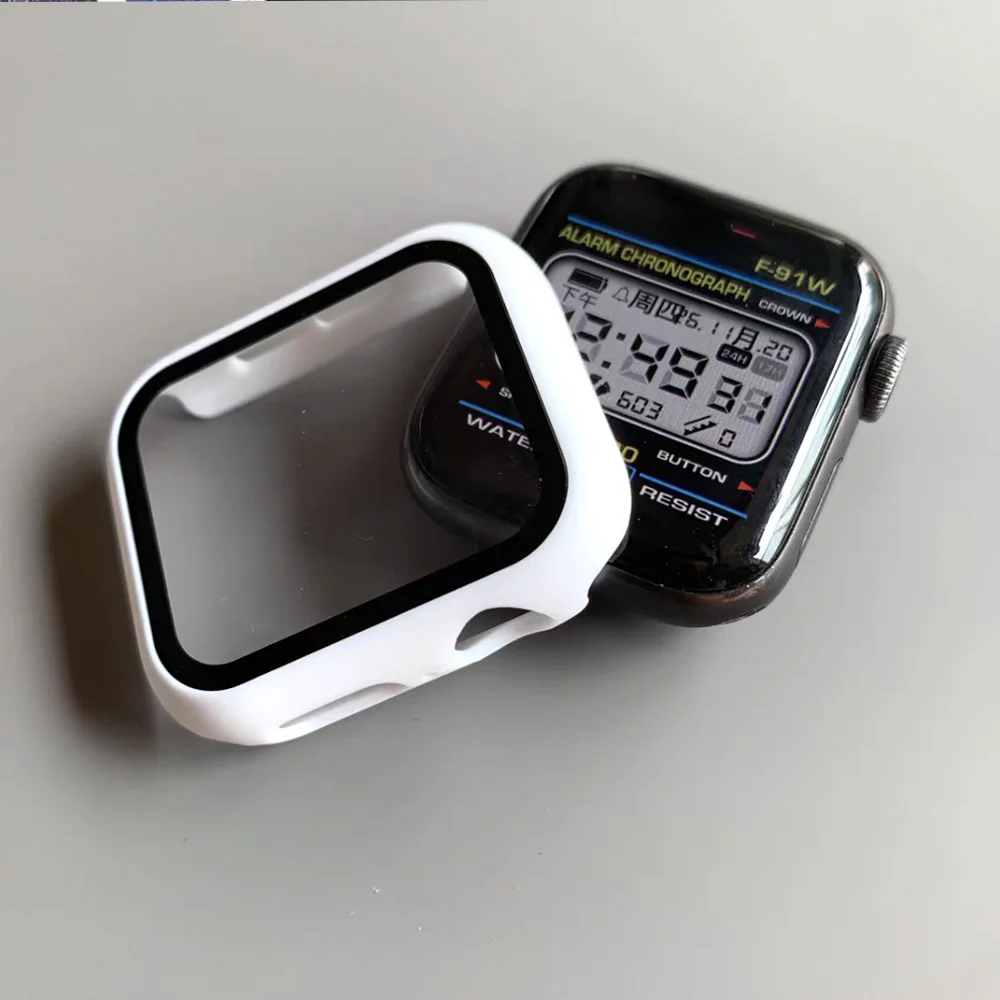 

Закаленное стекло + крышка для Apple Watch, аксессуары 45 мм, 40 мм, 42 мм, 41 мм, 44 мм, защитная пленка для экрана Apple Watch, чехол серии 9 4 7 85 6 SE