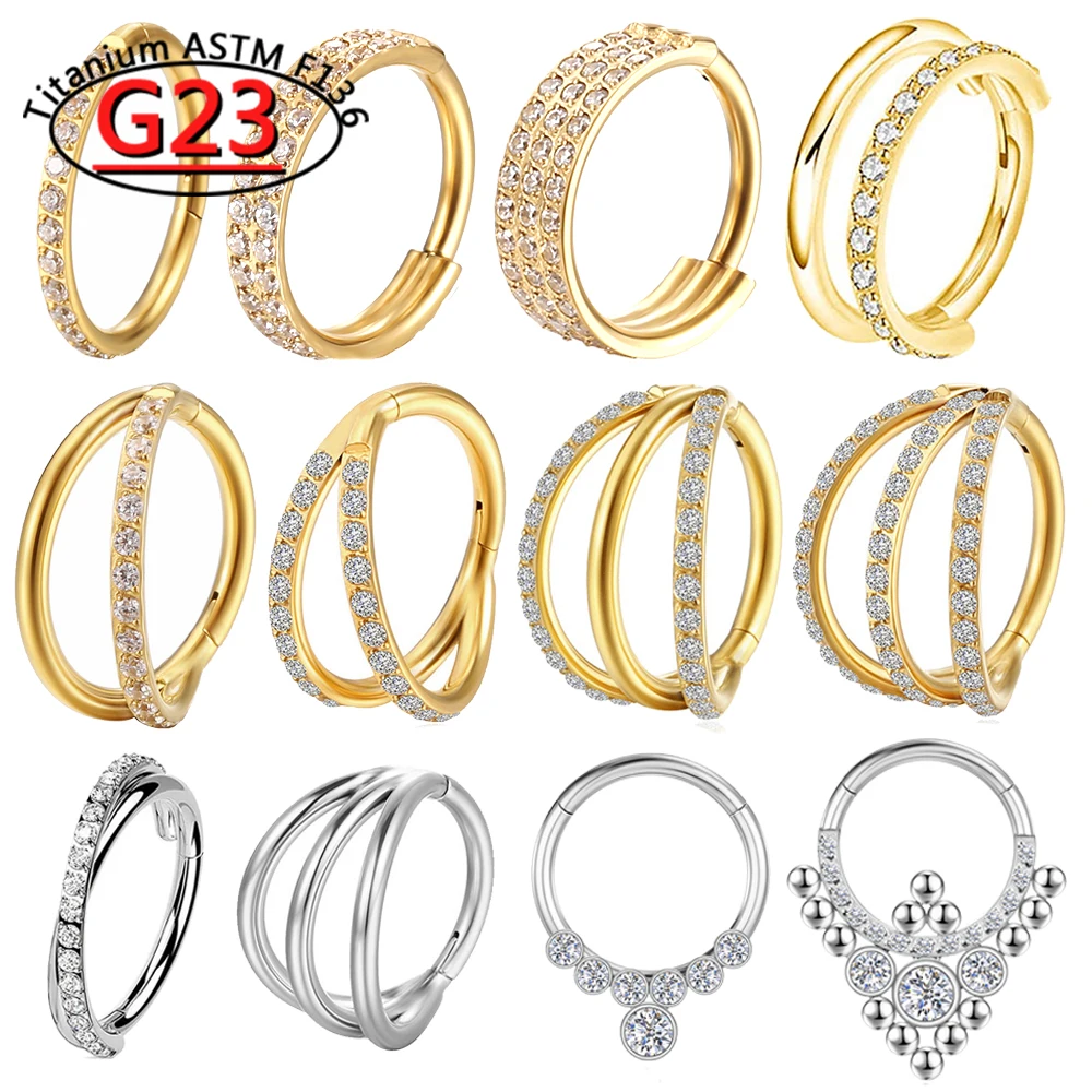 G23 Titanium Nose Ring Clicker Ear Cartilage Tragus Helix Daith Round Earrings Hoops CZ 16G Hinged Segment Body Piercing Jewelry