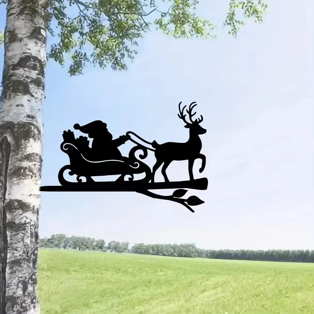 CIFBUY Reindeer Santa Claus Metal Wall Art Steel Silhouette Branch Home Garden Outdoor Hanging Decor Gift Rustic Sign