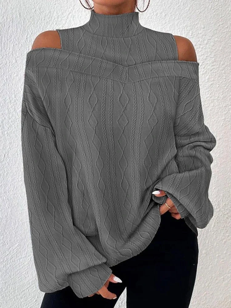 Lantern Sleeve Cold Shoulder Cable Textured Top Women Casual Blouse Turtleneck Pullovers Autumn Gray Hollow Out Female Clothing