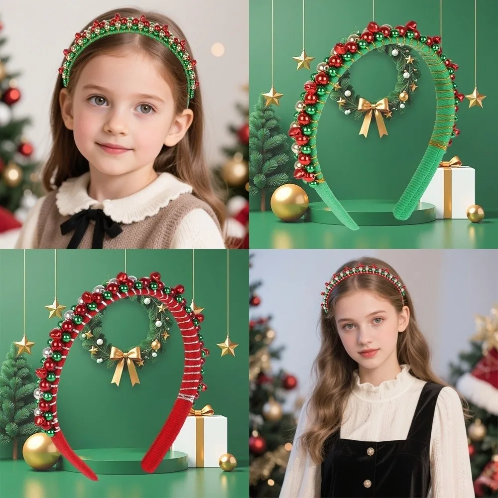 Hair Accessories Red Green Beads Christmas Headband Golden Accents Bell Charms Party Accessory Christmas Hairband Women Girls