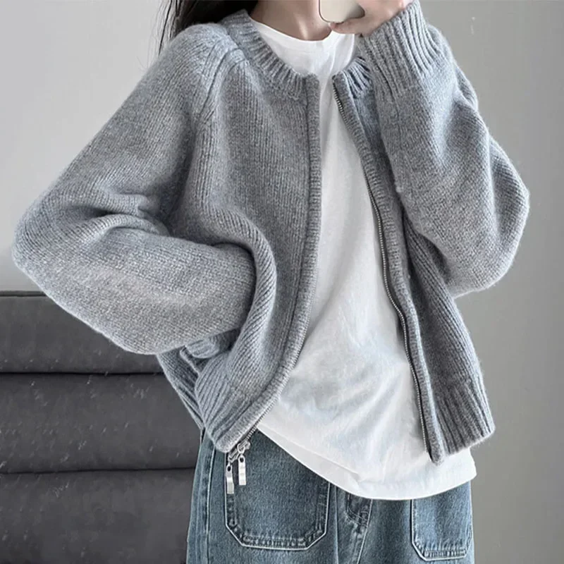 Women Knitted Sweaters Solid Color Autumn Winter Female Zipper Knitwear Loose Long Sleeve Cardigan Korean Style Chic Outerwear