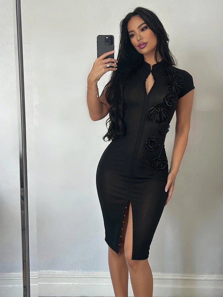 Kliou Mesh Patchwork Long Dress Woman 3d Flower Decoration Turtleneck Single-Breasted Mini Sleeve Street Fashion Elegant Bodycon