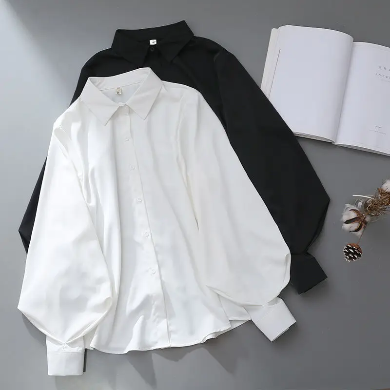 Temperament Professional White Lapel Shirt for Women Lantern Sleeves Versatile Commuting OL Design Sense Fashionable Shirt