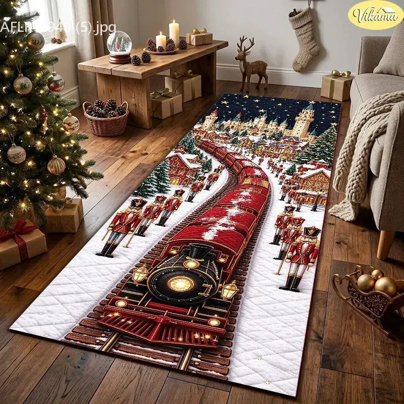 VIKAMA Horse Carriage Street Lamp Green Border Christmas Hallway Runner Rug Corridor Floor Mat Non Slip Rubber Backing Soft