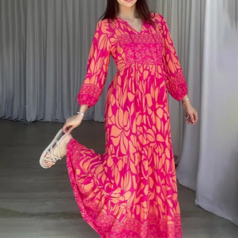 New V Neck Printed High Waisted Dress for Women Plus Size Retro Lantern Sleeve Gown Casual Loose Boho Vacation Long Dresses 2025