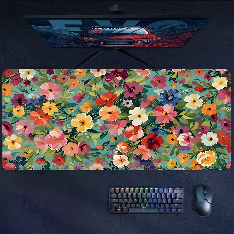 Color Flower Pattern Mouse Pad Large Desk Pad Non-Slip Natural Rubber Stitched Edge Computer Mats for Desktop Gifts for Friends