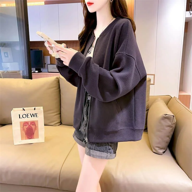 

Waffle Jackets for Women Korean Fashion Loose Long Sleeve Hoodies Cardigans Oversized Zipper Cropped Coats Casual Women Clothes