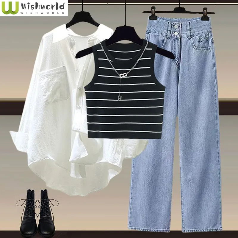 

Spring/Summer Set Women's New Korean Edition Western Sunscreen Shirt Tank Top Jeans Elegant Women's Three Piece Set