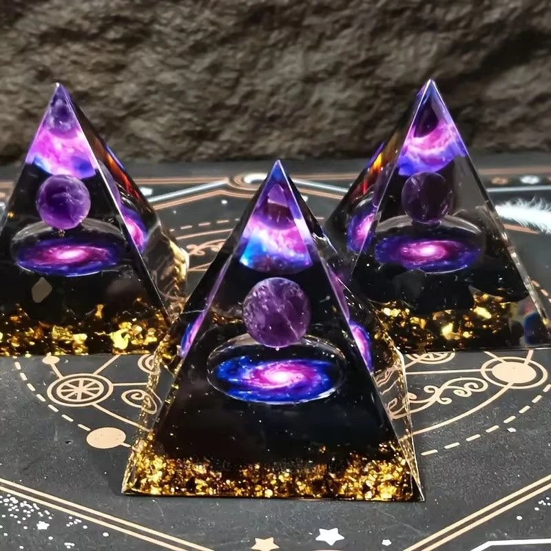Galaxy Orgone Pyramid Amethyst Crystal Sphere Inside Orgon Energy Stone Stress Anxiety Relief Wealth Luck Home Room Decor