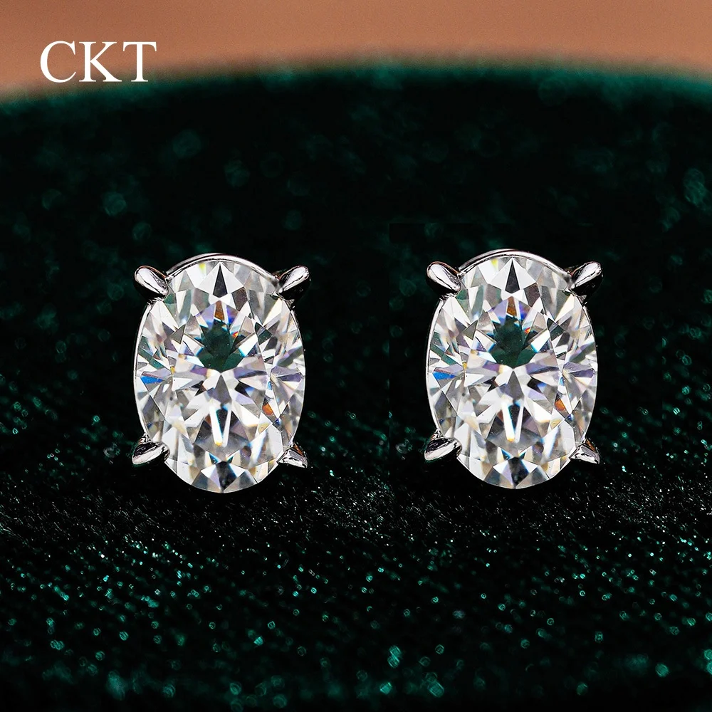 CKT 18k White Gold Stud Earrings for Women Four-claw Simple Wedding 1ct Moissanite Egg-shaped Diamond Fine Jewelry