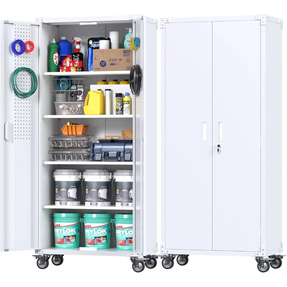 

Luck 72 Inches Metal Office Storage Cabinet with Wheels and Pegboards,Locking Metal Cabinet with 4Shelves,Tool Storage on