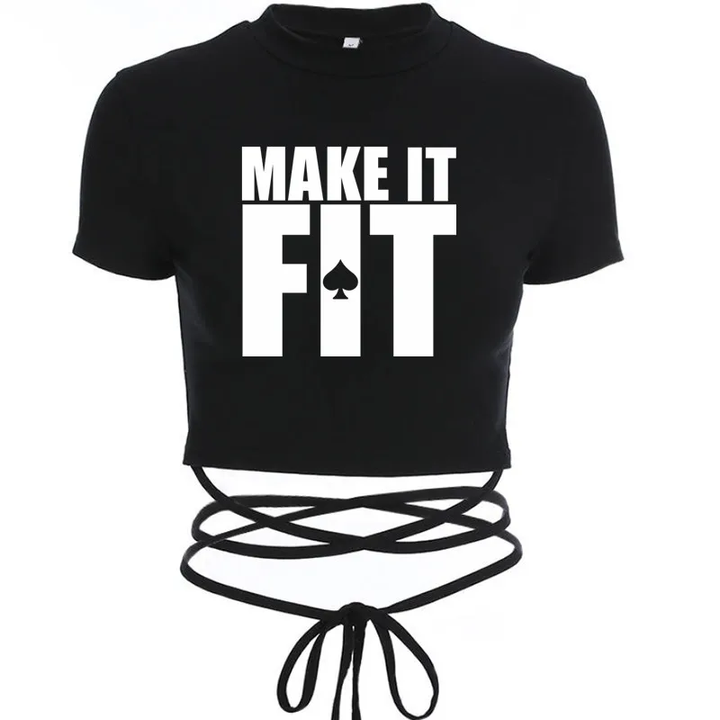 MAKE IT FIT Crop Bandage Tee Tops Summer Women Black Short Fashion Girls Sexy TShirt Casual Short Sleeve Female Shirt Harajuku