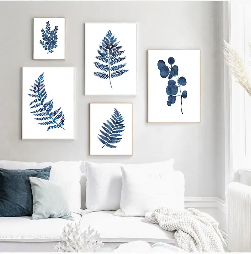 Ink Blue Fern Prints Watercolor Indigo Leaf Botanical Art Canvas s , Ink Blue Eucalyptus Foliage Painting Home Wall Decor