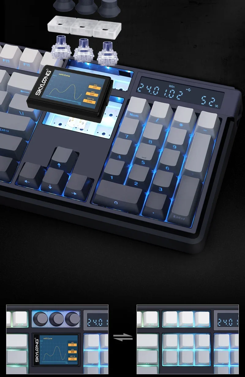 SKYLOONG GK104 Pro 3Mode Wireless gaming Mechanical Keyboard with 2.0 Screen 3 Knobs Hot-Swappable Side-Engraved PBT keycap RGB