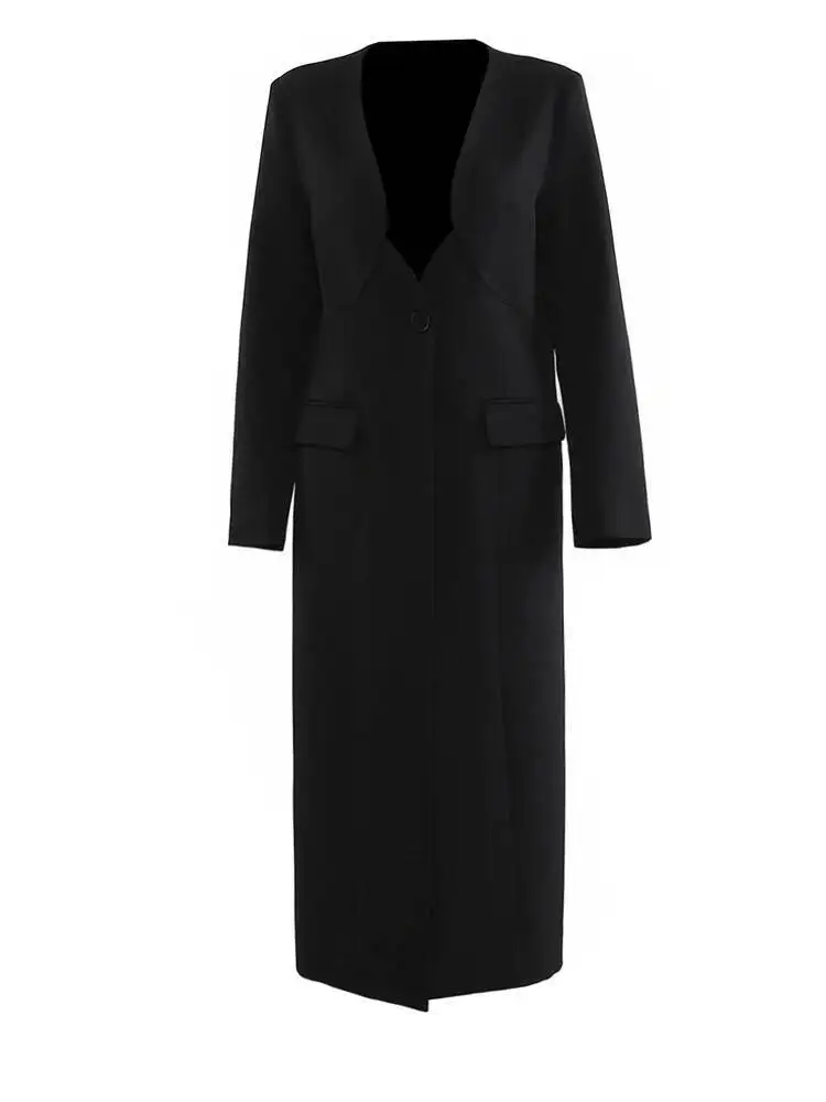 Black Brief Women Elegant Long Slim Shaped Blazer New V-neck Long Sleeve Jacket Fashion  Spring Autumn 2026 DIZ8