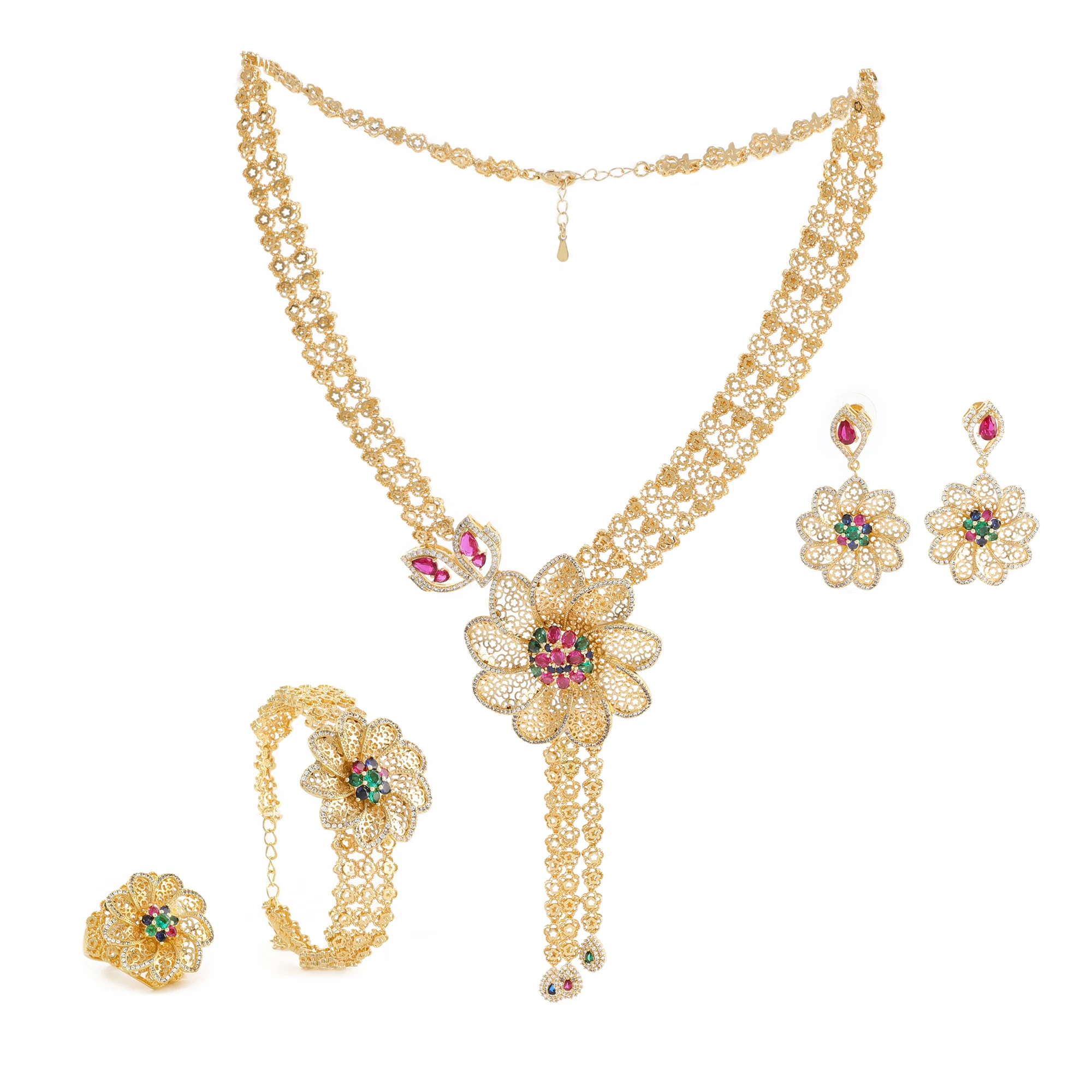 Elegant Luxurious Women's Jewelry Flower Set Necklace Earrings Rings and Bracelets Wedding Party Dubai Bridal Jewelry Set