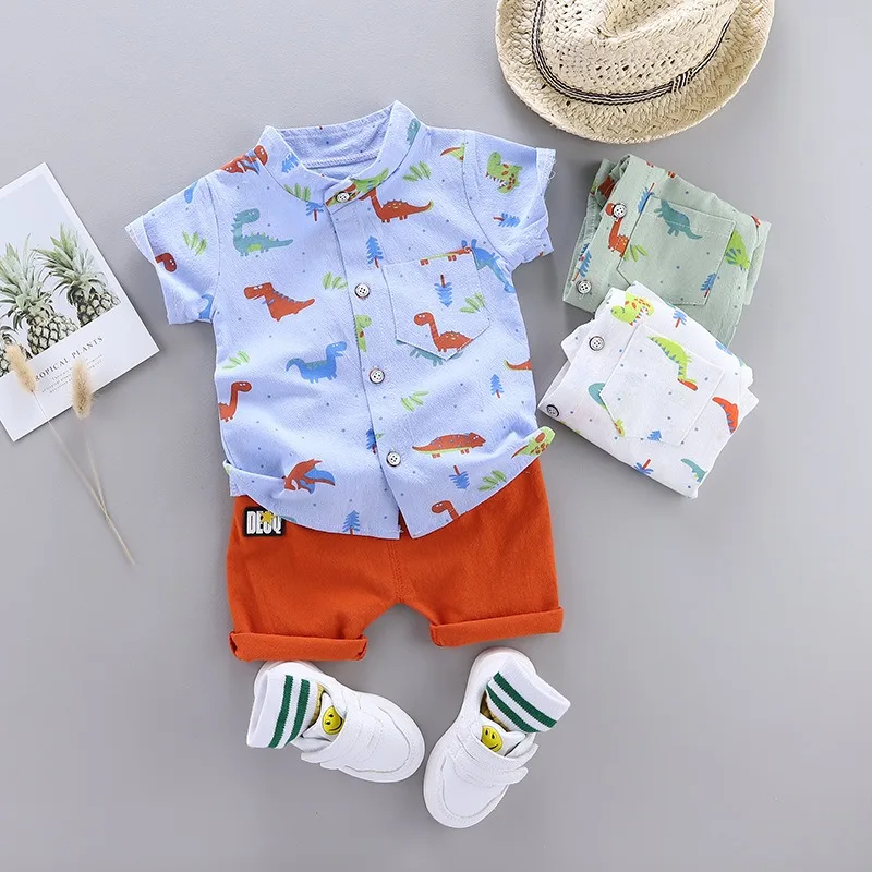 2pcs/set Summer New Boys Girls Baby Toddler Cartoon Outfit Short-sleeve Set Children's Clothing Dinosaur Shirt+ Shorts Kids Set