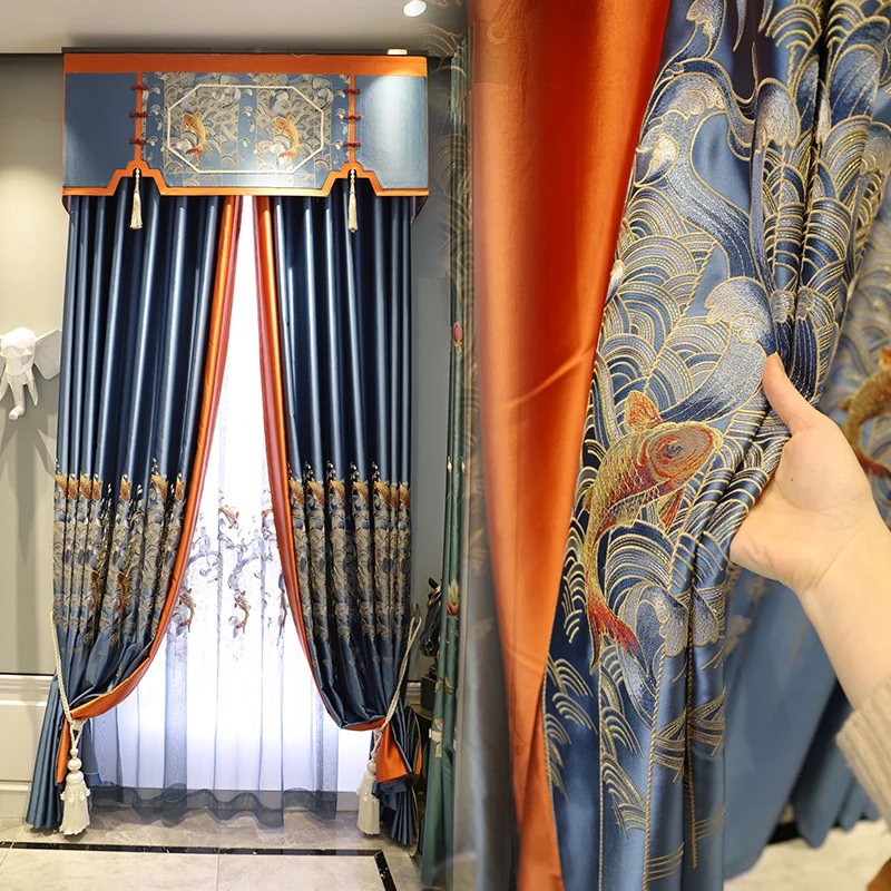 

Custom curtain New satin embroidered classical high-end bay window blue cloth blackout curtain tulle valance drape C1051