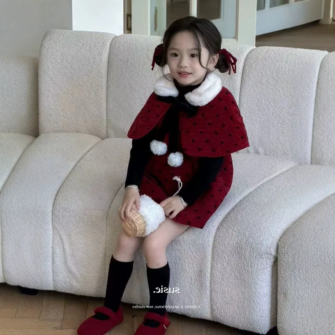 Christmas New Year Girls Set Small Fragrant Style Cotton Thickened Shawl and Vest Dress Two Piece Set Winter New