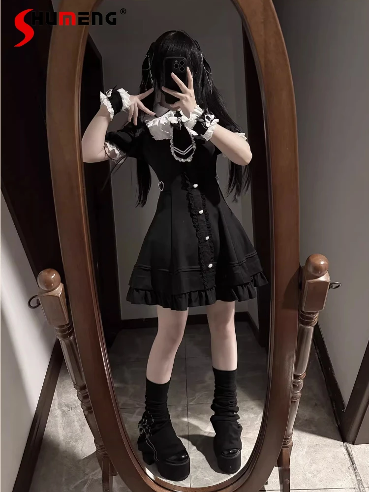 

Japanese Mines Style Mass-Produced Doll Collar Puff Sleeve Heart Single-Breasted High Waist Slim A-Line Short Dress Women Summer