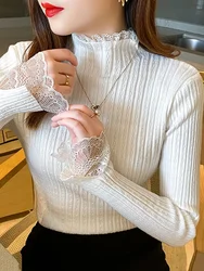 ZJAISS Lace Solid Basic Knitted Women Tops Turtlneck Sweater Long Sleeve Slim Casual Pullover Korean Fashion Simple Chic Clothes