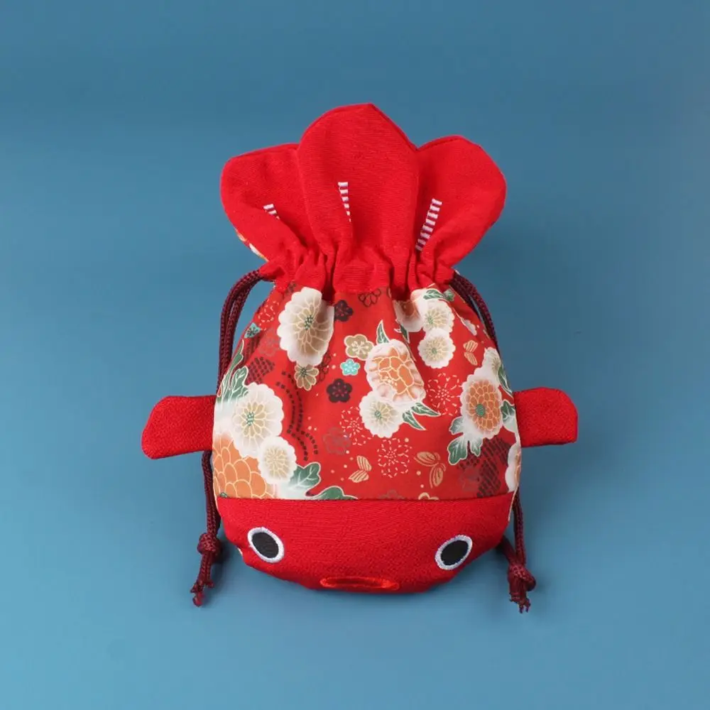 Cartoon Animal Canvas Flower Drawstring Bag New Year Red Color Bag Gold Fish Shape Handbag Coin Purse Wedding Candy Bag