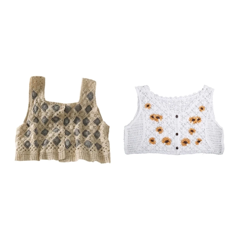 

Women Y2K Sleeveless Loose Cardigan Sweater Square Neck Knit Cardigan Crop Tops Hollow Out Floral Crochet Vest Outwear