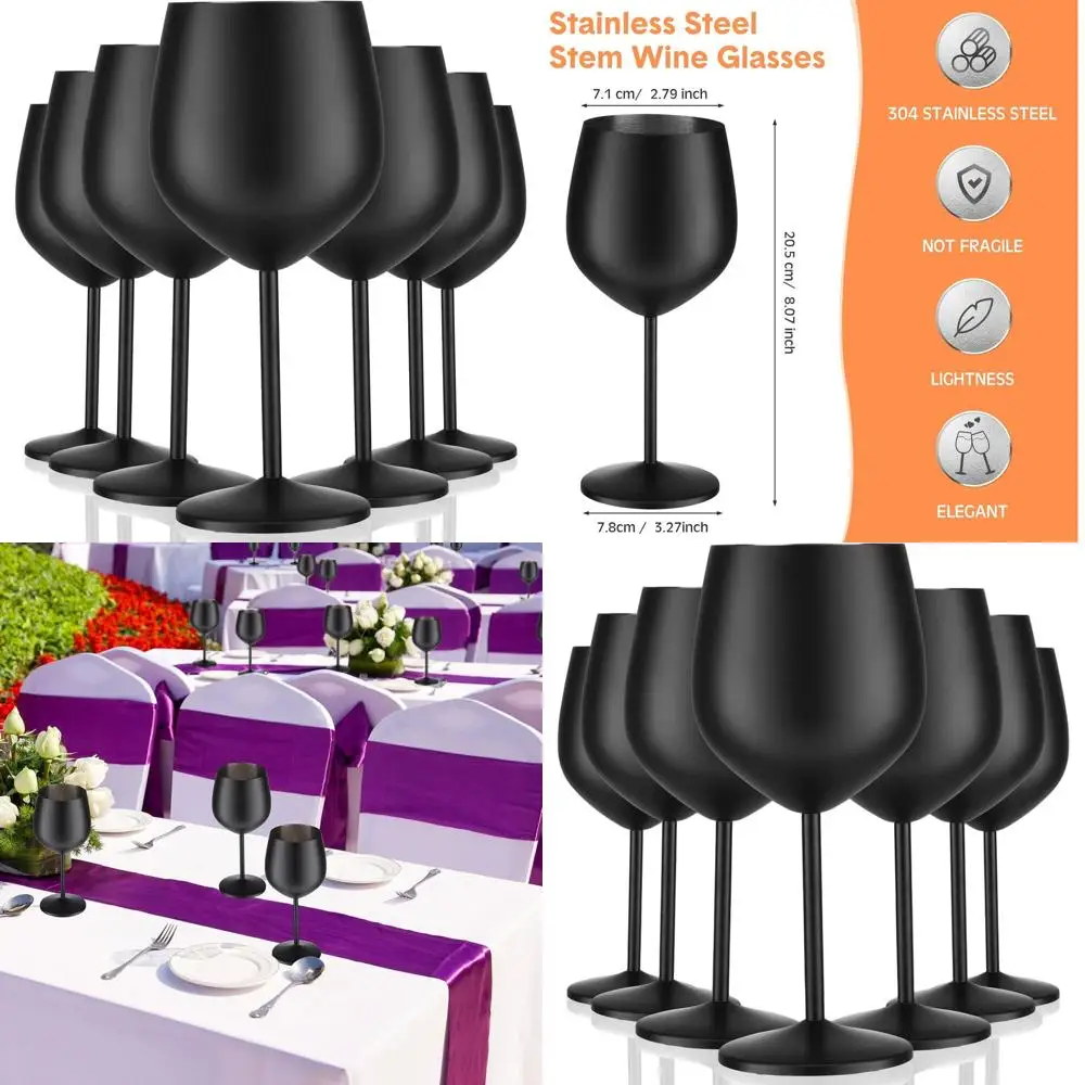

8-Ounce Stainless Steel Wine Glasses Set, Durable Metal Stem Goblets for Outdoor, Camping, Travel, and Special Events (Black)