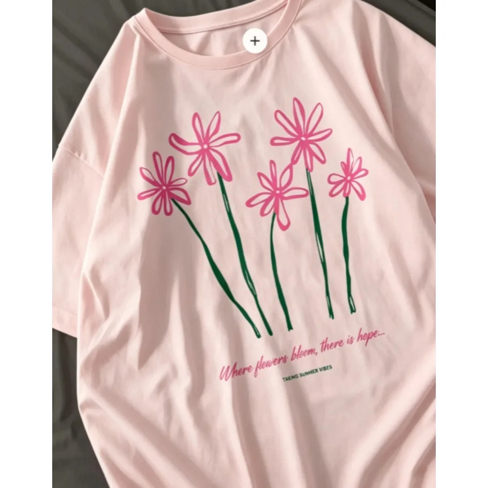 Hand Drawn Pink Flower Slogan Print T‑Shirt Women Casual Short Sleeve Where Flowers Bloom There Is Hope Oversized Loose Tee Tops